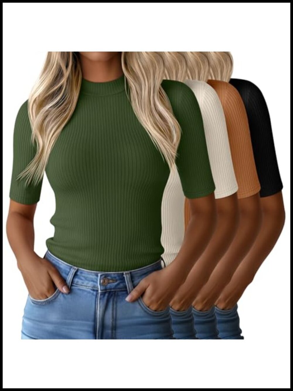 4 Pack Women's 1/2 Sleeve Mock Turtleneck Shirts Slim Fit